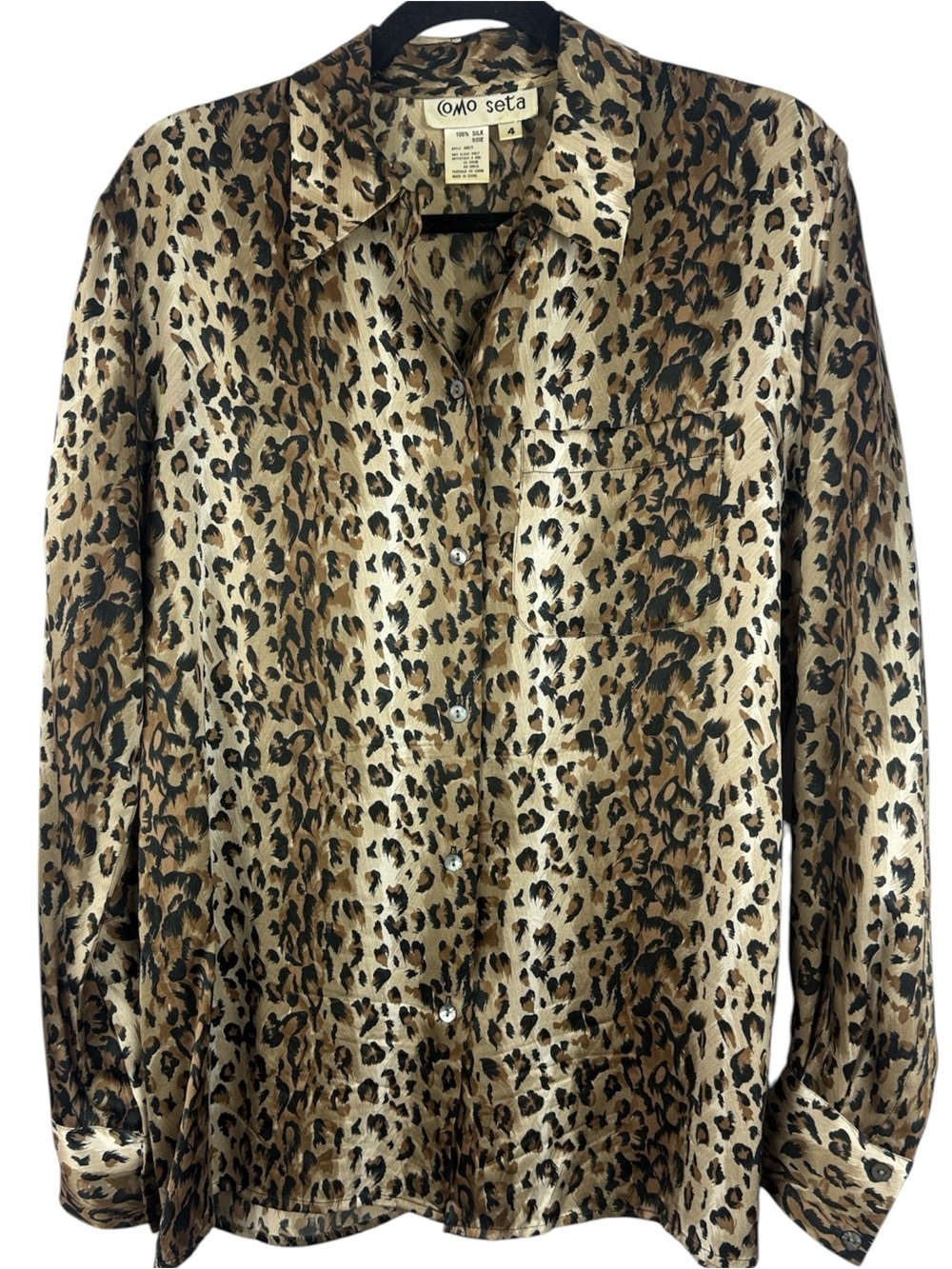 Como Seta 100% Silk Leopard Print Button Down Blouse Shirt Size 4/Large Vintage